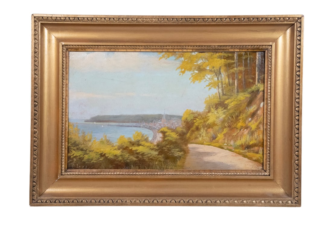 C. LROS (20TH C. DENMARK): Road to a Harbor City, oil on board, signed lower left, in gold cove frame.OS: 14 x 19 1/2 in. (35.6 x 49.5 cm.), SS: 9 x 14 1/2 in. (22.9 x 36.8 cm.)