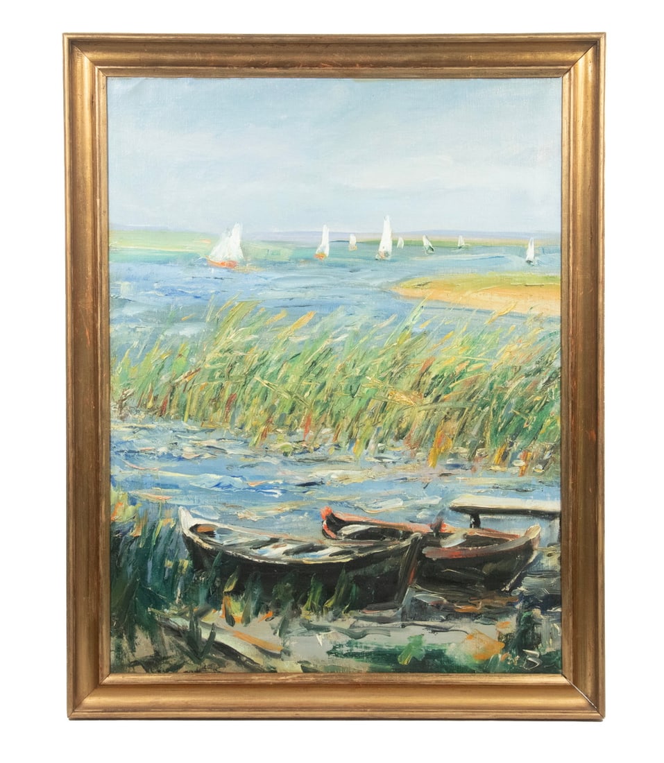 DANISH IMPRESSIONIST COASTAL VIEW, UNSIGNED: Distant Sailboats with Foreground Dories in Wetland Reeds, in dull gold cove frame.OS: 29 x 23 in. (73.7 x 58.4 cm.), SS: 25 1/2 x 19 1/2 in. (64.8 x 49.5 cm.)