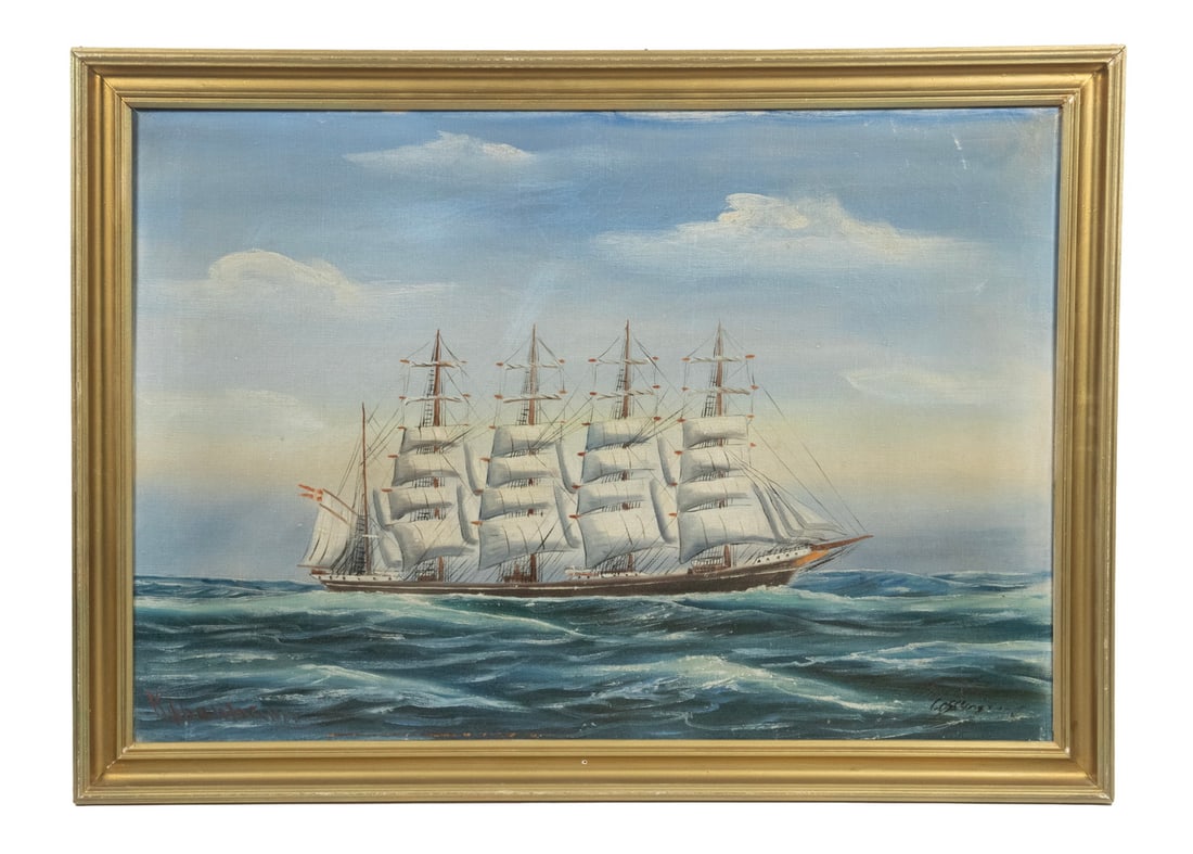 1920 DANISH SAILING SHIP PORTRAIT: Five-Mast Ship "Kobenhavn", launched 1920, oil on canvas, marked with the ship's name in Danish and English, otherwise unmarked, in gold cove frame.Launched in 1920, built in Leith, the 465 foot ship