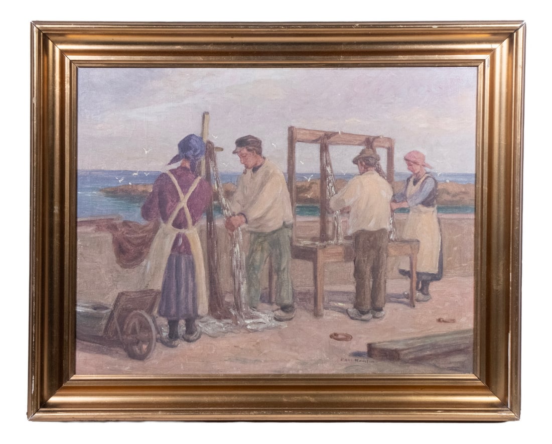 POUL HANSEN (DENMARK, 1918-1997): Fish Cleaning, oil on canvas, signed lower right, in bright gilt molded cove frame.OS: 16 x 19 1/2 in. (40.6 x 49.5 cm.), SS: 12 1/2 x 16 in. (31.8 x 40.6 cm.)