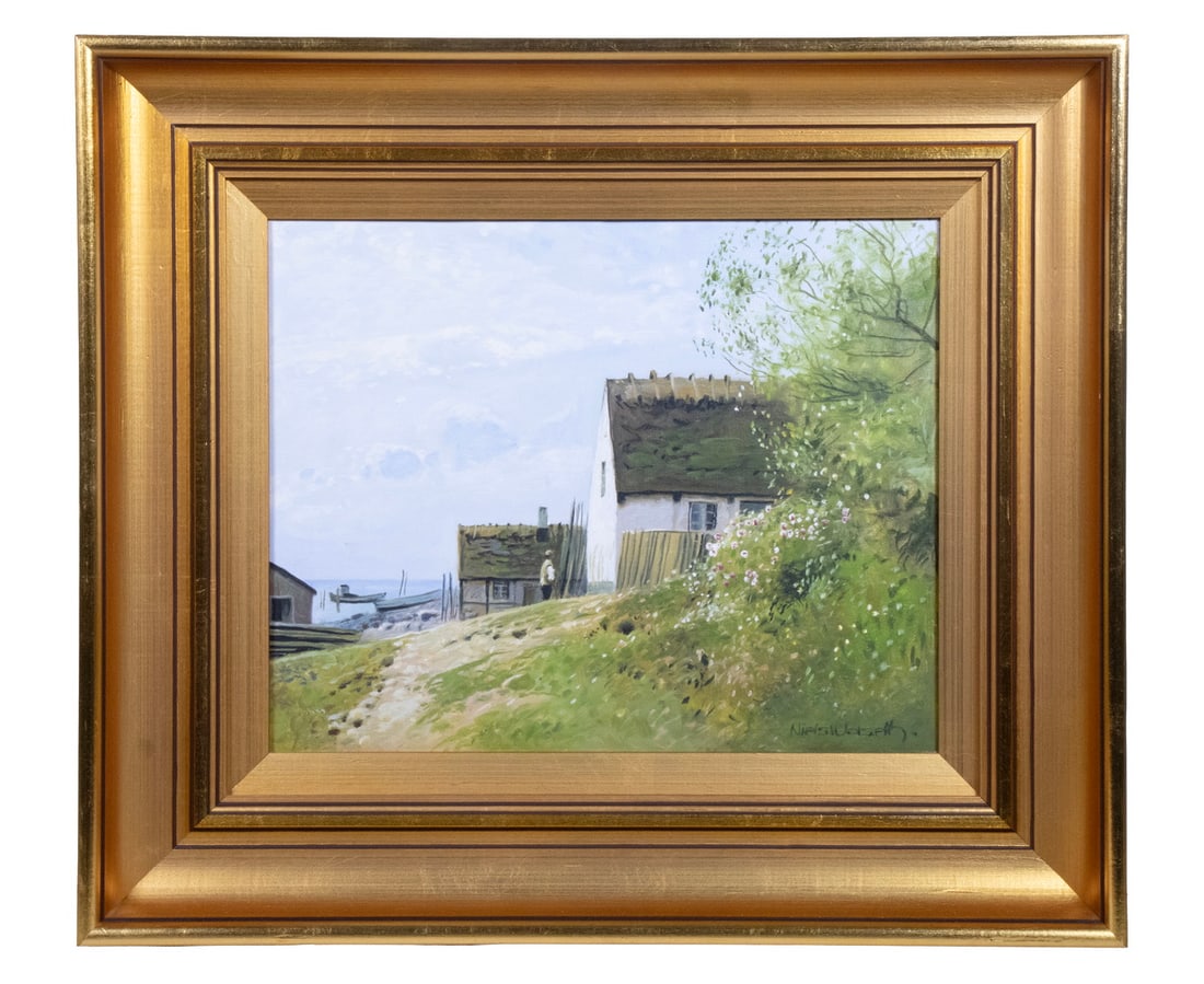 NIELS WALSETH (DENMARK/SWEDEN, 1914-2001): House on the Shore, oil on canvas, signed lower right, in bright gold deep cove frame.OS: 15 x 17 1/2 in. (38.1 x 44.5 cm.), SS: 9 x 11 1/2 in. (22.9 x 29.2 cm.)
