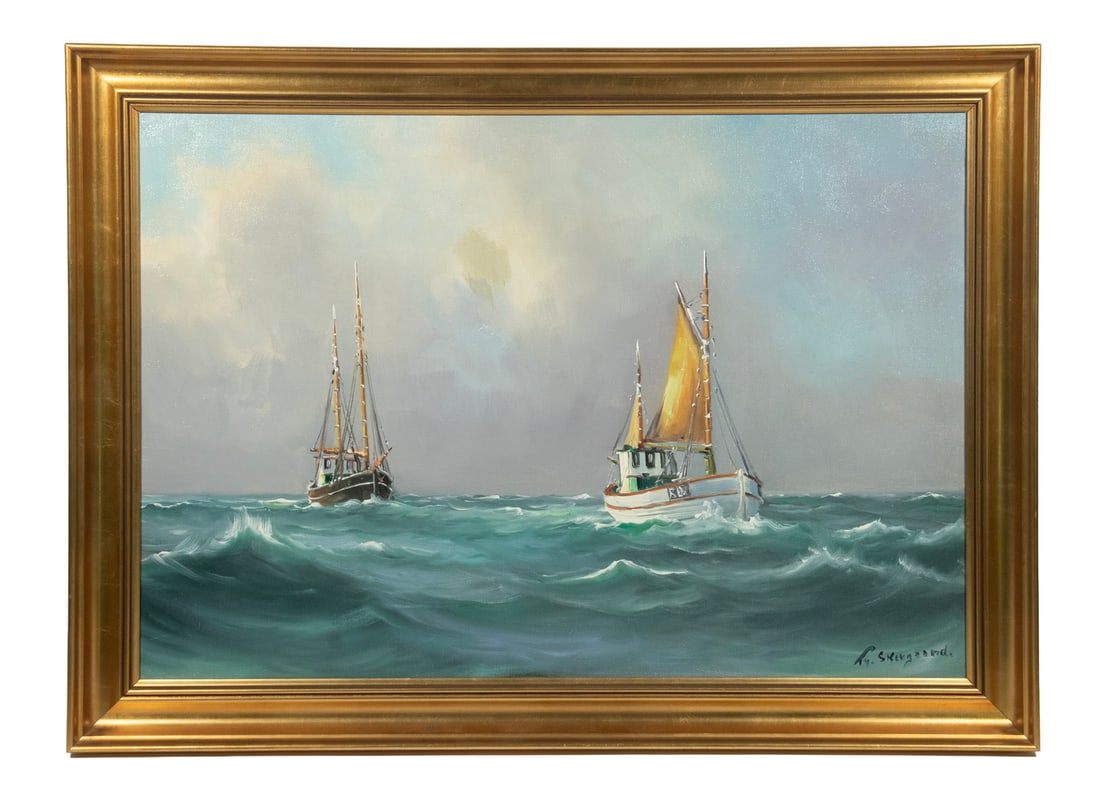 WILHELM THEODOR SKORGARRD (DENMARK, 1913 - ? ): Two Fishing Boats Racing to Port under Glowering Sky, oil on canvas, signed lower right, in bright gold molded cove frame.OS: 22 x 30 1/2 in. (55.9 x 77.5 cm.), SS: 18 x 26 1/2 in. (45.7 x 67.3 cm.)