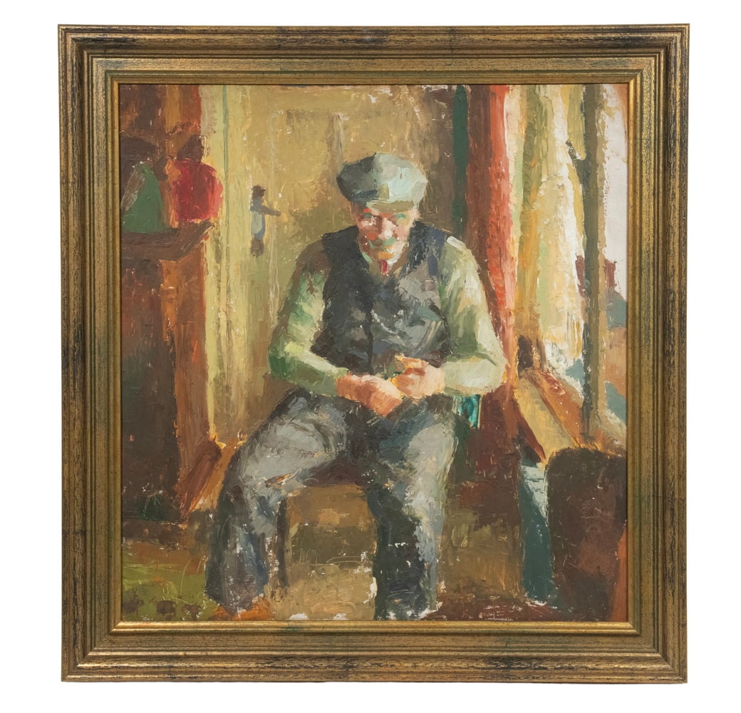 MON (MONDIAL) GELPER (BELGIUM, ACTIVE 1930'S): Man Whittling, oil on panel, unsigned, identified verso on modern label, in gold molded frame.OS: 22 x 21 in. (55.9 x 53.3 cm.), SS: 18 x 17 in. (45.7 x 43.2 cm.)