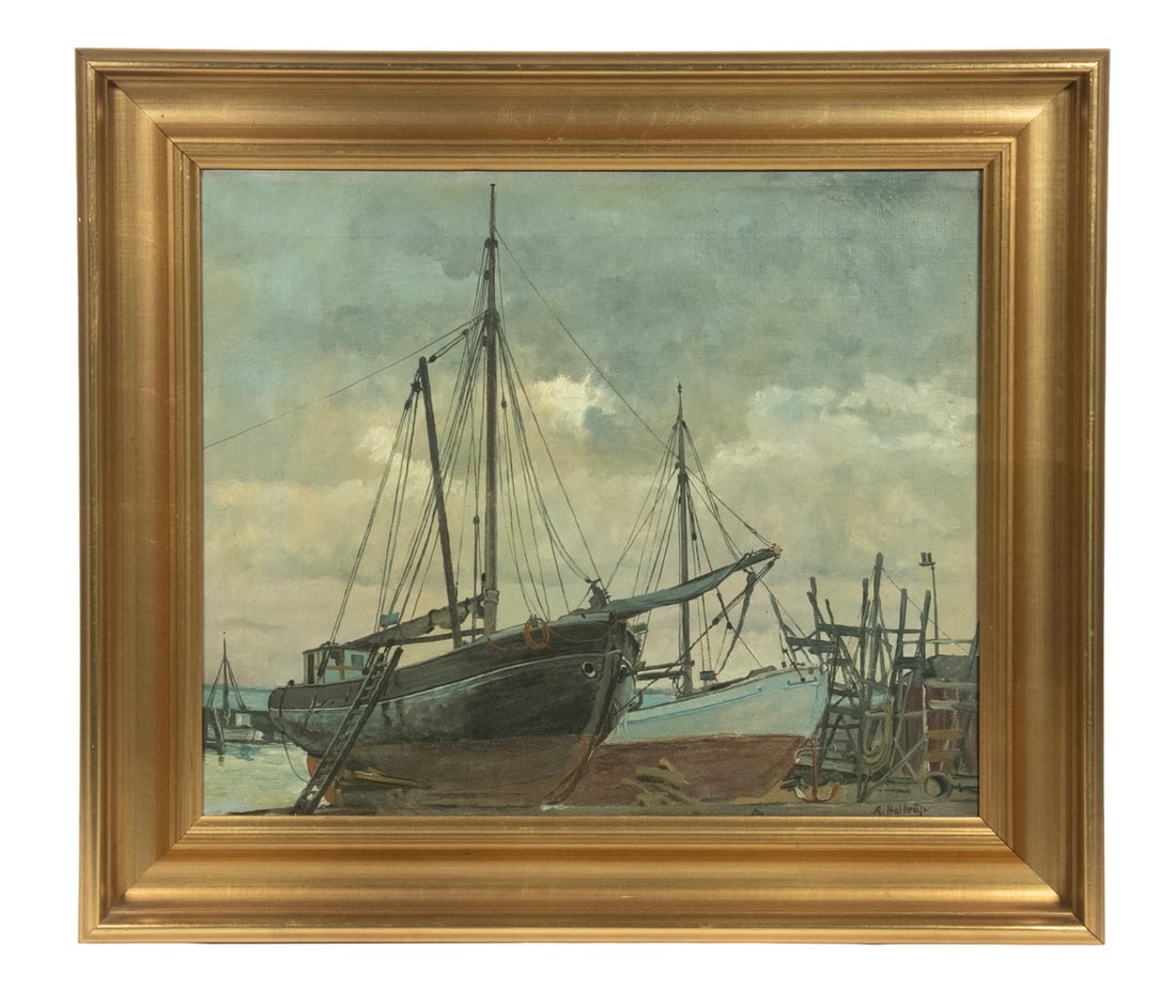 AXEL HALDRUP (DENMARK, 1890-1977): Fishing Boats in Drydock, oil on canvas, signed lower right, in bright gold deep cove frame.OS: 18 x 21 in. (45.7 x 53.3 cm.), SS: 13 x 16 in. (33 x 40.6 cm.)