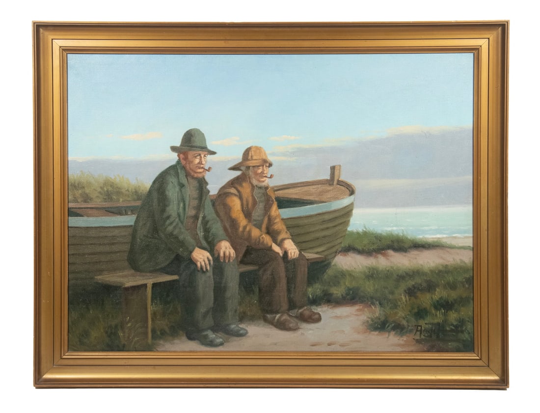 DANISH MARINE PAINTING, LATE 20TH C.: Two Old Fishermen Seated next to a Lifeboat, oil on canvas, signed lower right, in gold cove frame.OS: 23 1/2 x 30 1/2 in. (59.7 x 77.5 cm.), SS: 19 x 26 in. (48.3 x 66 cm.)