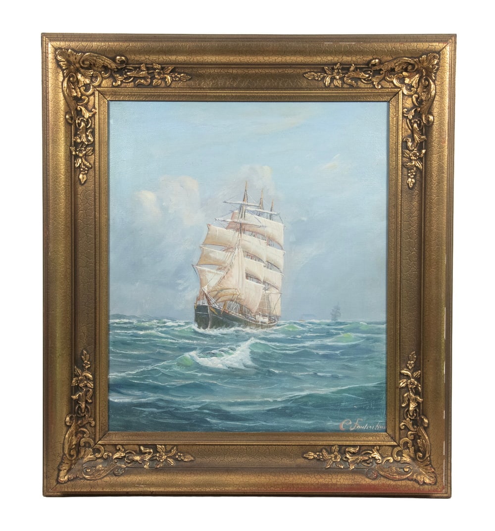 CARL ANDREAS FREDRIKSEN (DENMARK, 1892-1932): Bow View of Sailing Ship Underway in heavy chop, oil on canvas, signed lower right, in matched corner deep cove frame.OS: 25 x 22 in. (63.5 x 55.9 cm.), SS: 18 x 15 in. (45.7 x 38.1 cm.)