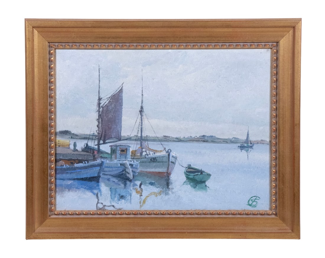 20TH C. DANISH HARBOR SCENE: Two Fishing Sail Boats Tied to Dock, oil on canvas, monogram 'CLS' lower right, in gold molded frame.OS: 12 x 15 in. (30.5 x 38.1 cm.), SS: 9 x 12 in. (22.9 x 30.5 cm.)