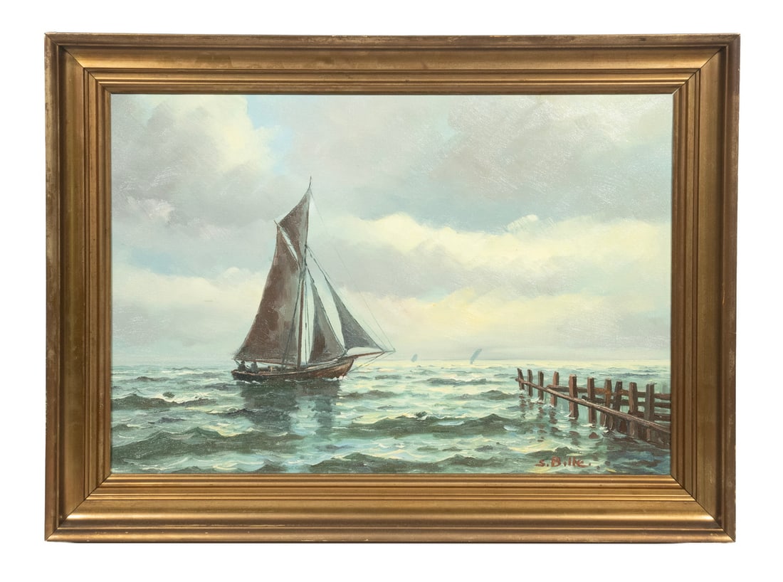 STEN BILLE (DENMARK, 1890-1953): Sailboat Passing Skeletal Pier, oil on canvas, signed lower right, in gold cove frame.