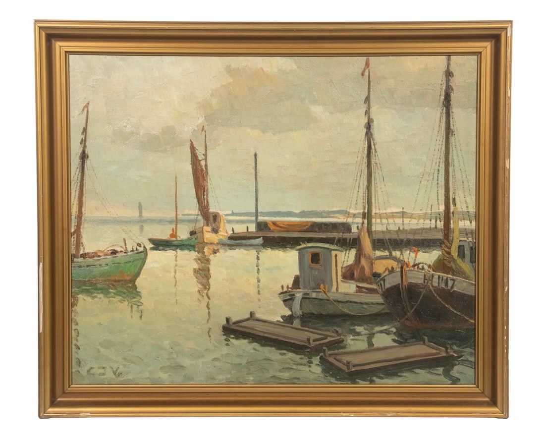 CARL JENSEN VIRKLUND (EARLY 20TH C. DENMARK): Harbor of Fishing Boats, oil on canvas, signed lower left, in dull gold molded cove frame.OS: 20 1/2 x 24 1/2 in. (52.1 x 62.2 cm.), SS: 17 x 21 in. (43.2 x 53.3 cm.)