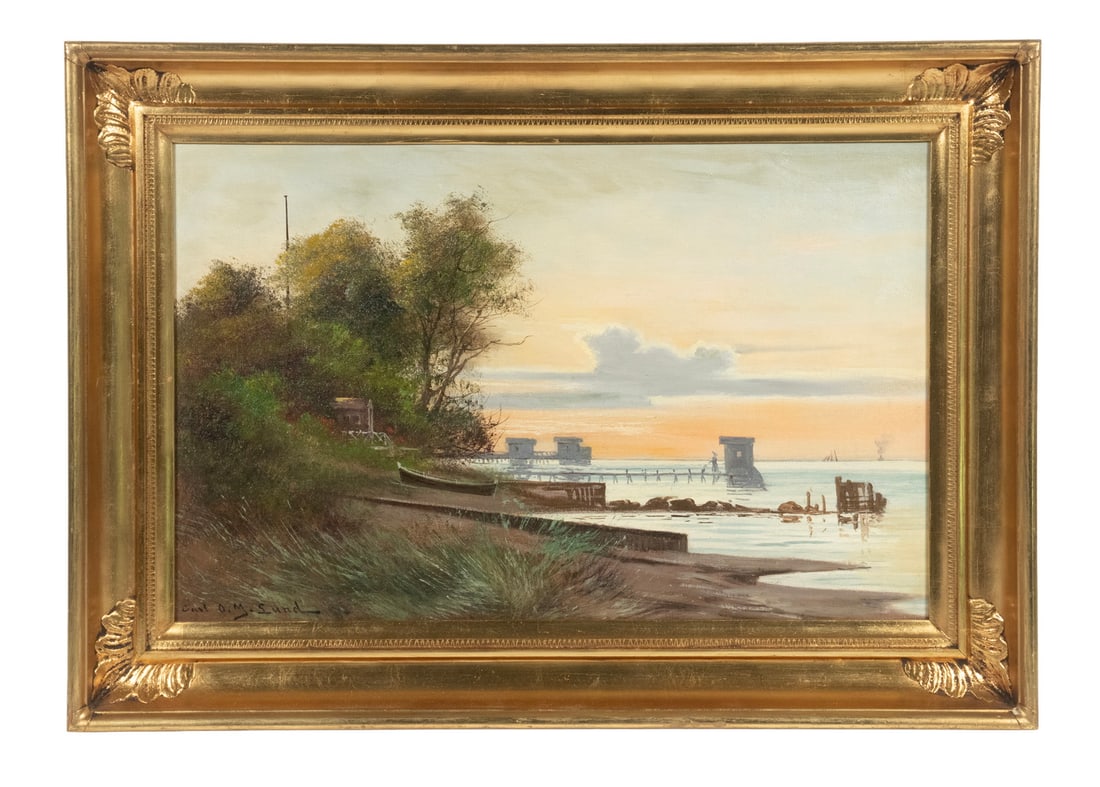 CARL OVE JULIAN LUND (DENMARK, 1857-1936): Danish Shore Scene with Pier-end Moles, oil on canvas, signed lower left, in bright gold matched corner frame.OS: 15 x 21 1/2 in. (38.1 x 54.6 cm.), SS: 10 1/2 x 17 in. (26.7 x 43.2 cm.)
