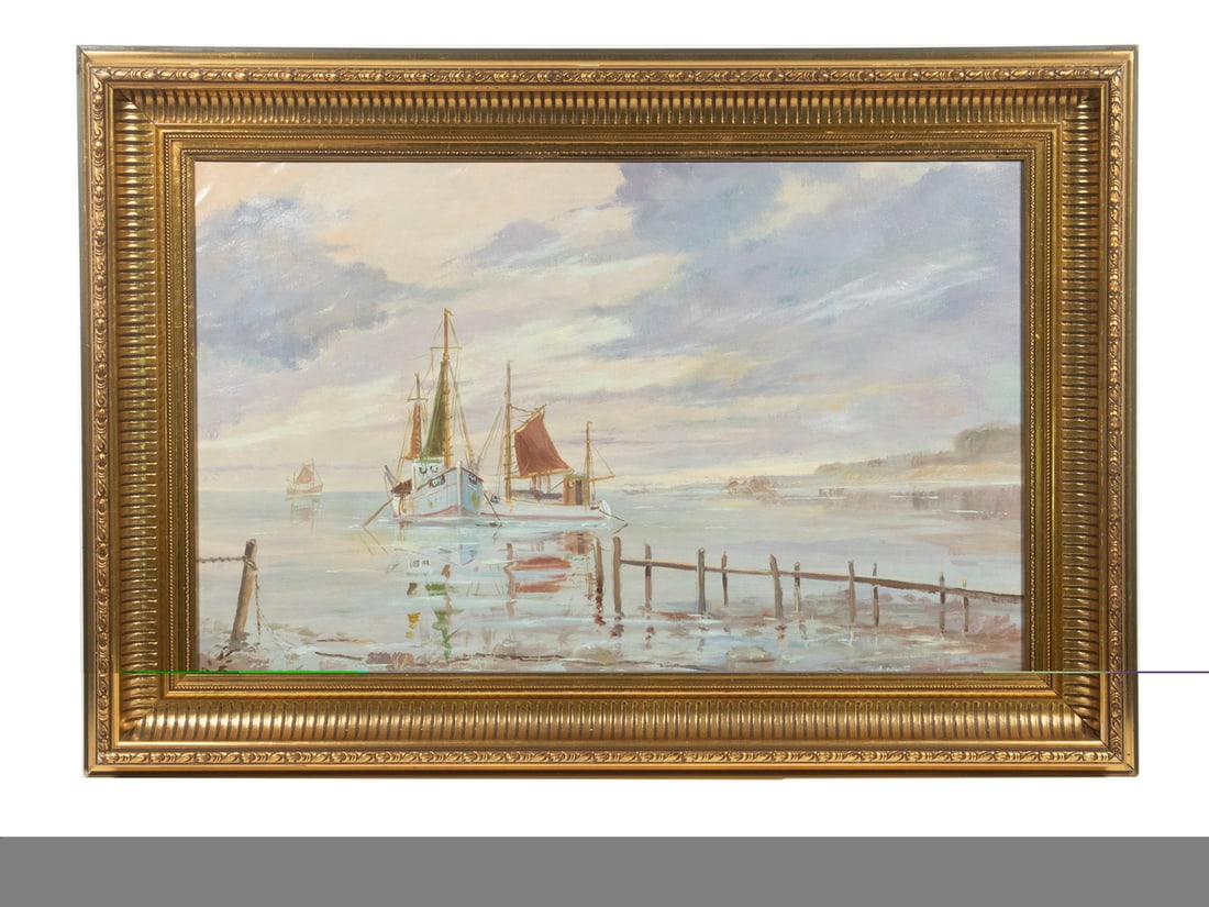 TRAWLER, JULIUS S., OIL ON LINEN: Depicting sailboats docked along a rocky shore under a cloudy sky, signed "Julius S... (illegible) lower right, presented in an ornate gilt frame.OS: 25 x 32 3/4 in. (63.5 x 83.2 cm.), SS: 18 x 25