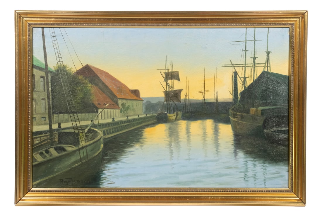 DANISH MARINE PAINTING, MID 20TH C. ARTIST UNKNOWN: Canal with Sail Boat at Dawn, oil on canvas, illegibly signed lower left, in bright gold cove frame. OS: 21 x 31 in. (53.3 x 78.7 cm.), SS: 17 x 27 in. (43.2 x 68.6 cm.)