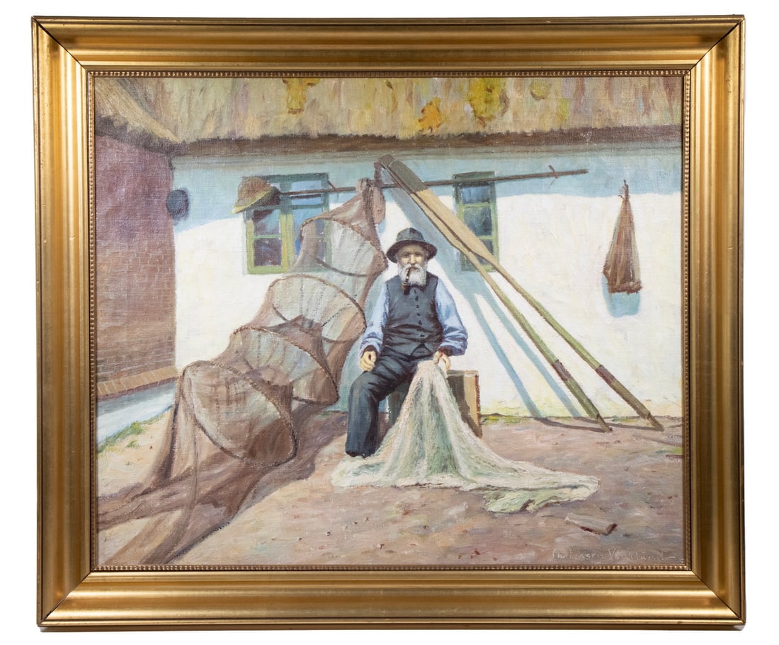 CHRISTIAN JENSEN-VIRKLUND (DENMARK, 1896-1962): Fisherman Mending Nets Outside His Cottage, oil on linen, signed lower right. OS: 28 1/2 x 33 1/2 in. (72.4 x 85.1 cm.), SS: 23 x 28 in. (58.4 x 71.1 cm.)