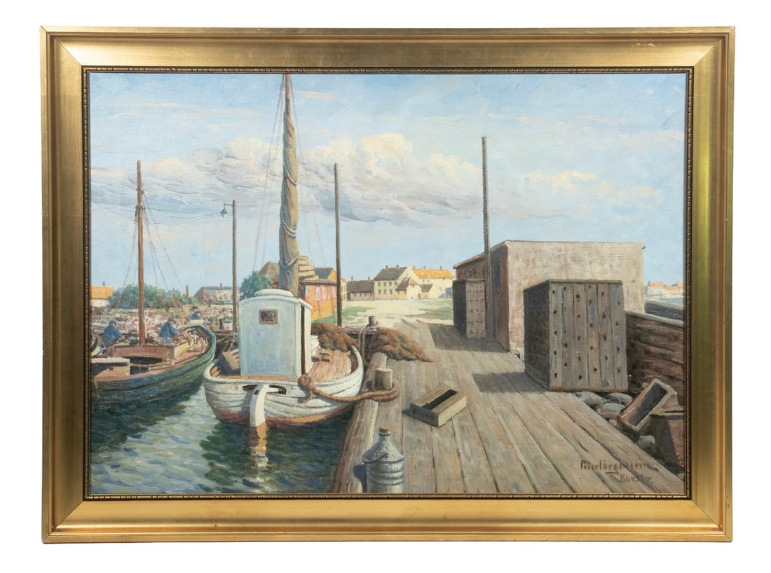 HARBOR SCENE WITH DOCKED BOATS, UNKNOWN ARTIST (20TH CENTURY), OIL ON LINEN (1 of 4)