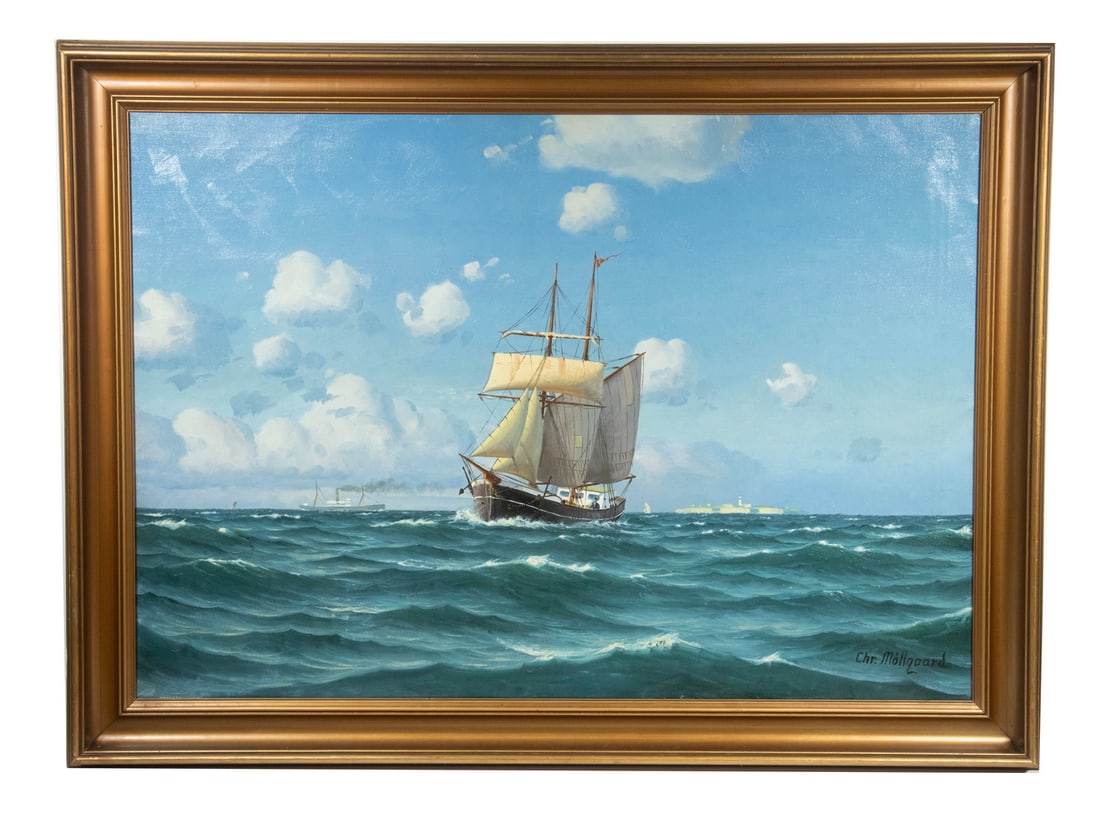 SVEND DREWS (CHRISTIAN MOLLGAARD) (DANISH, 1919-2003): Brig Rigged Fishing Boat Approaching, with distant coastal fort, oil on canvas, signed lower right, in molded gold cove frame. OS: 32 1/2 x 44 1/2 in. (82.6 x 113 cm.), SS: 27 x 38 in. (68.6 x 96.5 cm