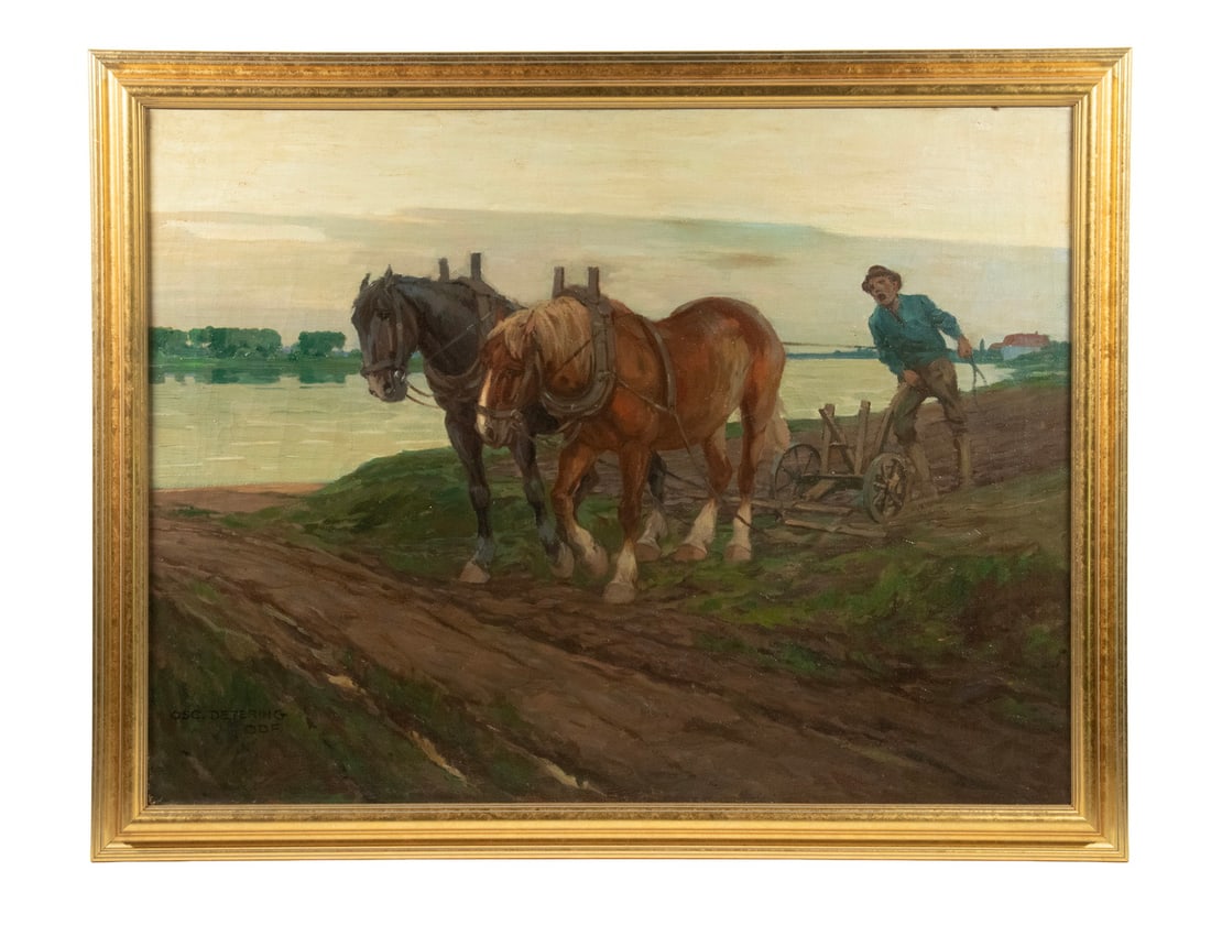 OSCAR DETERING (GERMANY, 1872-1943): Man Plowing with Two Horse Team, oil on canvas, signed lower left and marked "DDF" (Düsseldorf), circa 1930's, in modern gilt molded frame. OS: 28 x 36 in. (71.1 x 91.4 cm.), SS: 24 x 32 in. (61
