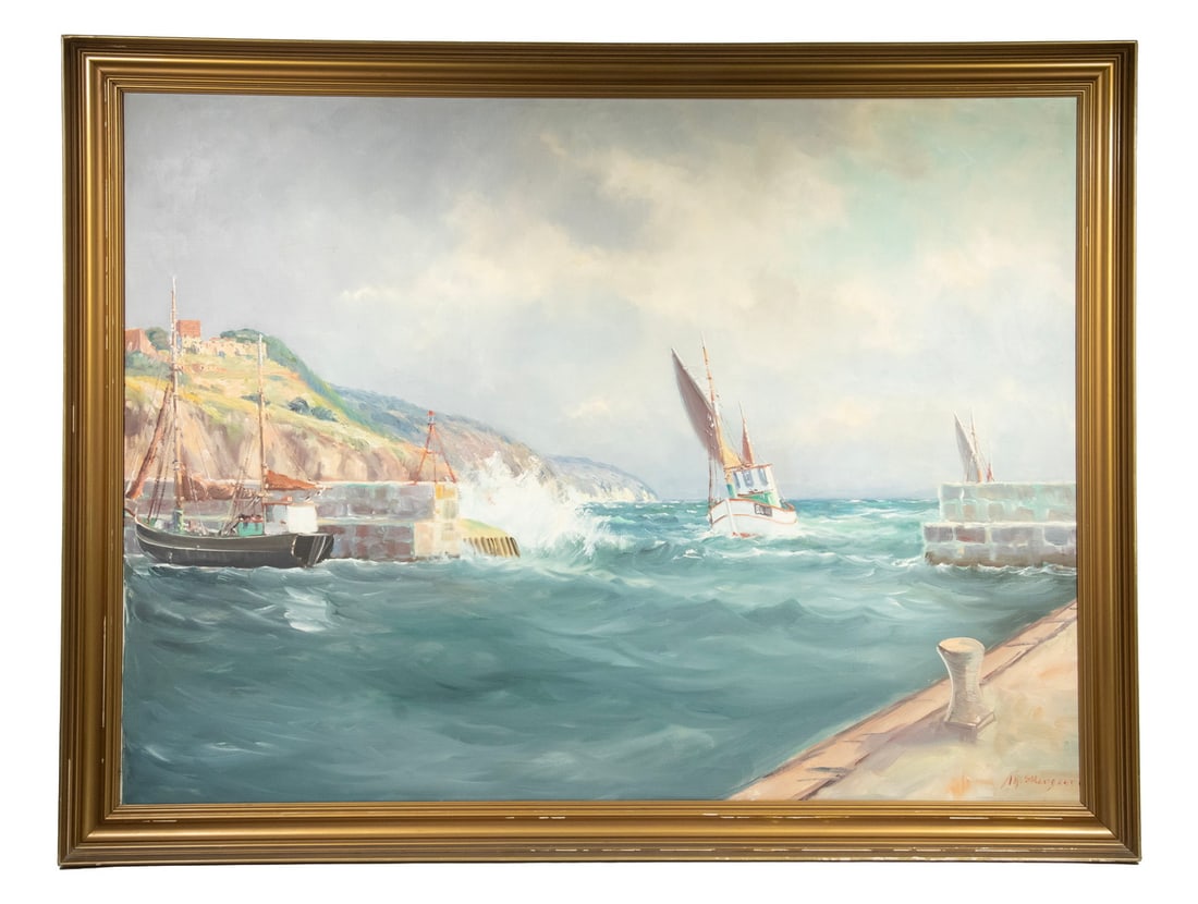 WILHELM THEODOR SKORGARRD (DENMARK, 1913 - ? ): Fishing Boat Returning to Harbor in Rising Sea, oil on canvas, signed lower right, in gold molded deep cove frame, minor frame loss. OS: 38 1/2 x 30 1/2 in. (97.8 x 77.5 cm.), SS: 33 1/2 x 25 1/2 in.