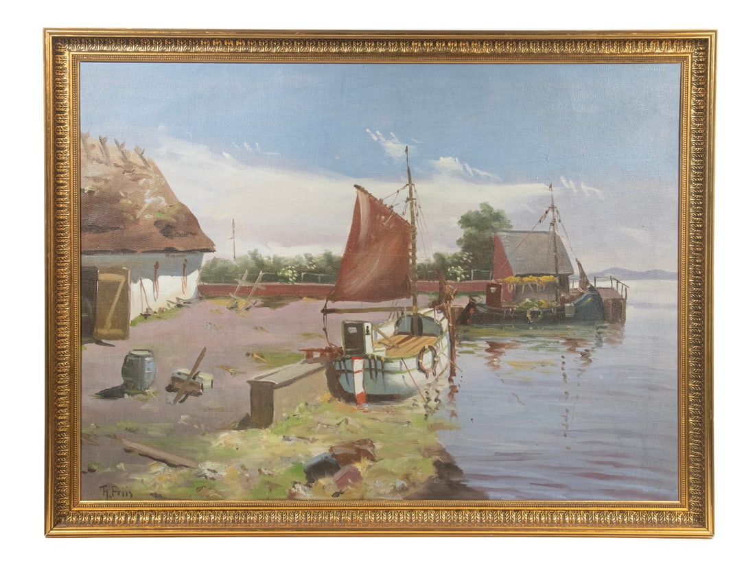 MARK OSMAN CURTIS (AKA TH. FRIIS) (NORWAY/SCOTLAND, 1879-1959): Docked Fishing Boat with fish shack on pier, oil on canvas, signed lower left, in gold cove frame with lappet pattern.Per Thistle Fine Arts: "The painting is signed Th. Friis, a known pseudonym for Ma