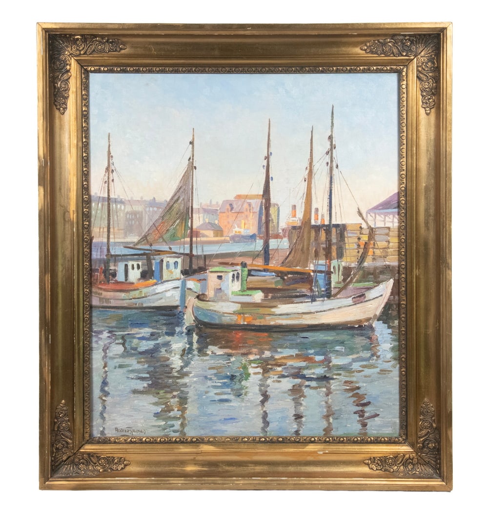 HARBOR SCENE, ANDREAS JENSEN (1888-1959), OIL ON LINEN: A finely executed oil painting on canvas depicting a bustling harbor with moored sailboats and buildings in the background, signed lower left Andreas Jensen. OS: 29 1/4 x 25 1/2 in. (74.3 x 64.8 cm.),