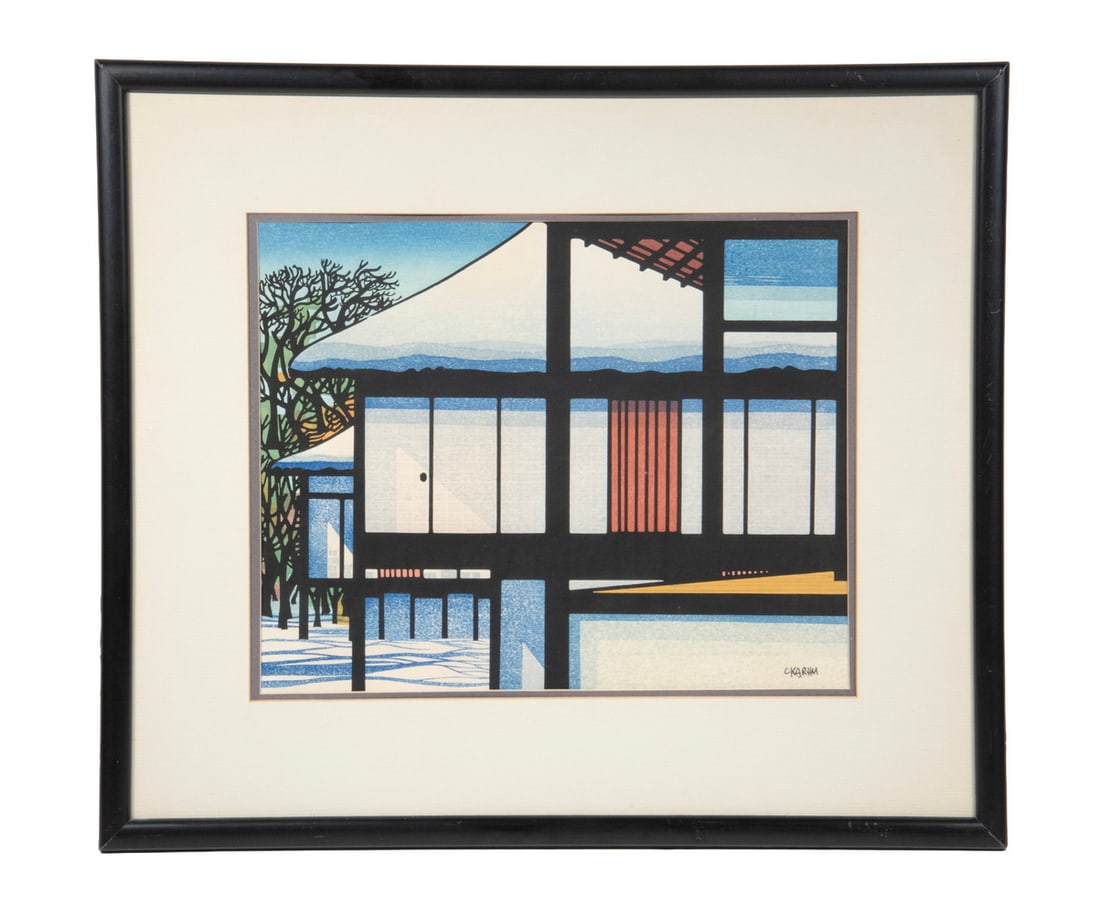 CLIFTON KARHU (MN/JAPAN, 1927–2007), KATSURA RIKYU, WOODBLOCK PRINT: A color woodblock print depicting the exterior of Katsura Imperial Villa, a group of traditional Japanese architectural structure with sliding shoji screens, overlooking a winter landscape with snow-c