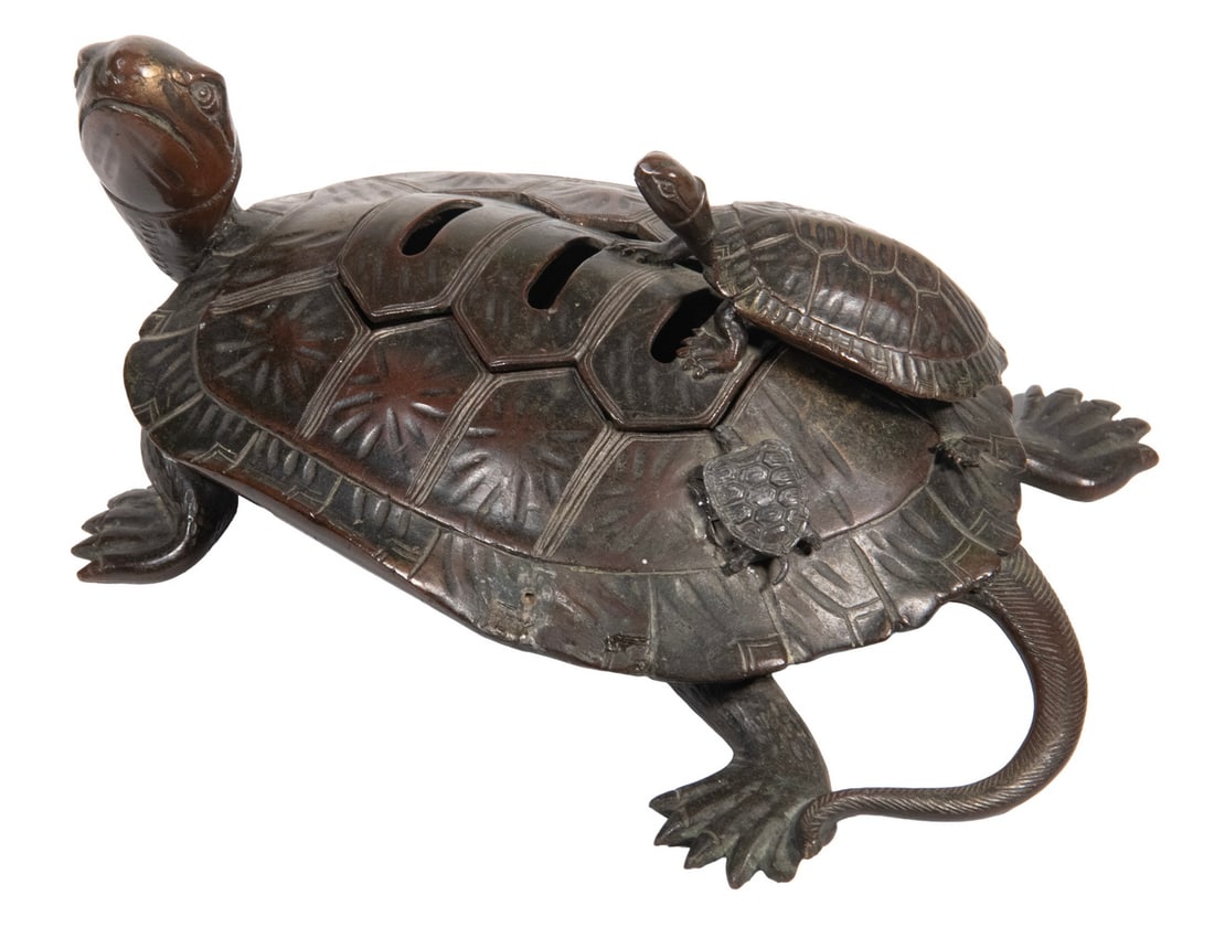 BRONZE TURTLE-FORM INCENSE BURNER WITH YOUNG, MEIJI PERIOD (1 of 3)