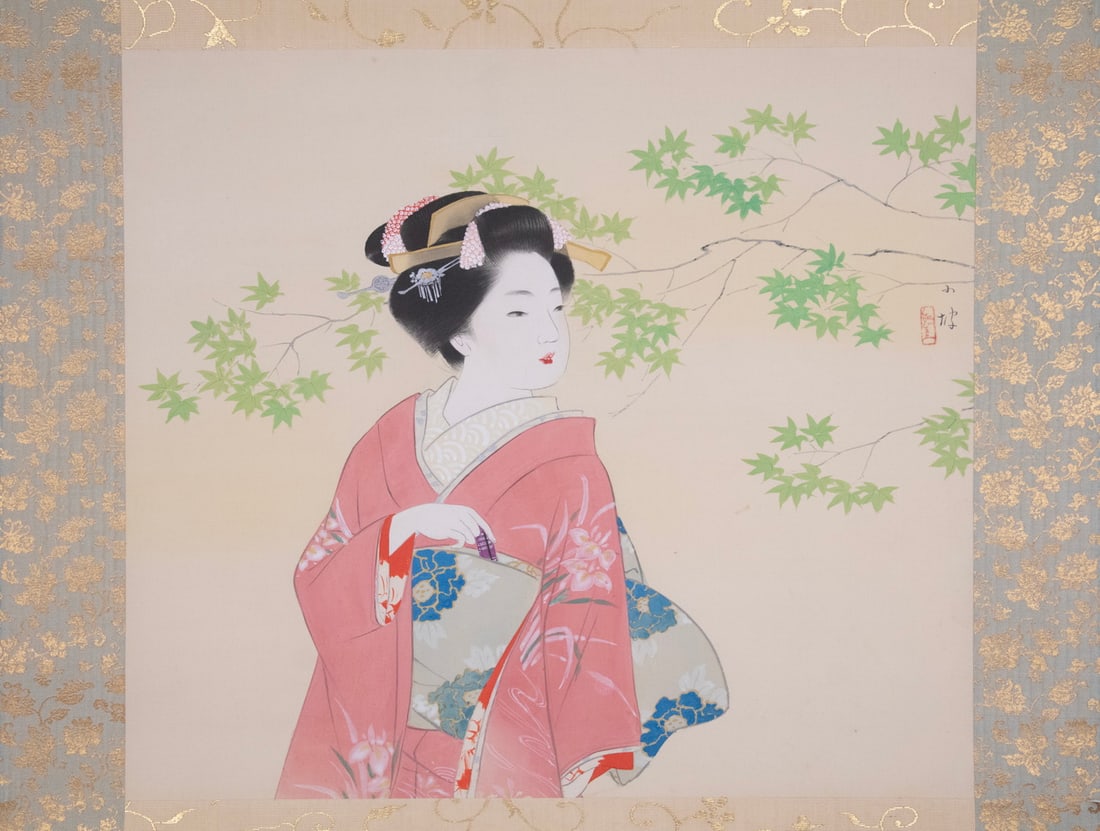 SHOHA ITO JAPANESE SILK HANGING SCROLL PAINTING, 1952: A Japanese hanging scroll painting on silk depicting an elegant beauty beneath maple branches, signed Shoha Ito with artist’s seal. Mounted as a traditional hanging scroll with bone scroll ends.