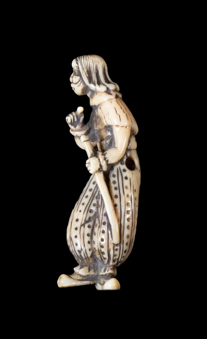 JAPANESE 19TH C. EUROPEAN WOMAN IVORY NETSUKE, SIGNED (1 of 3)