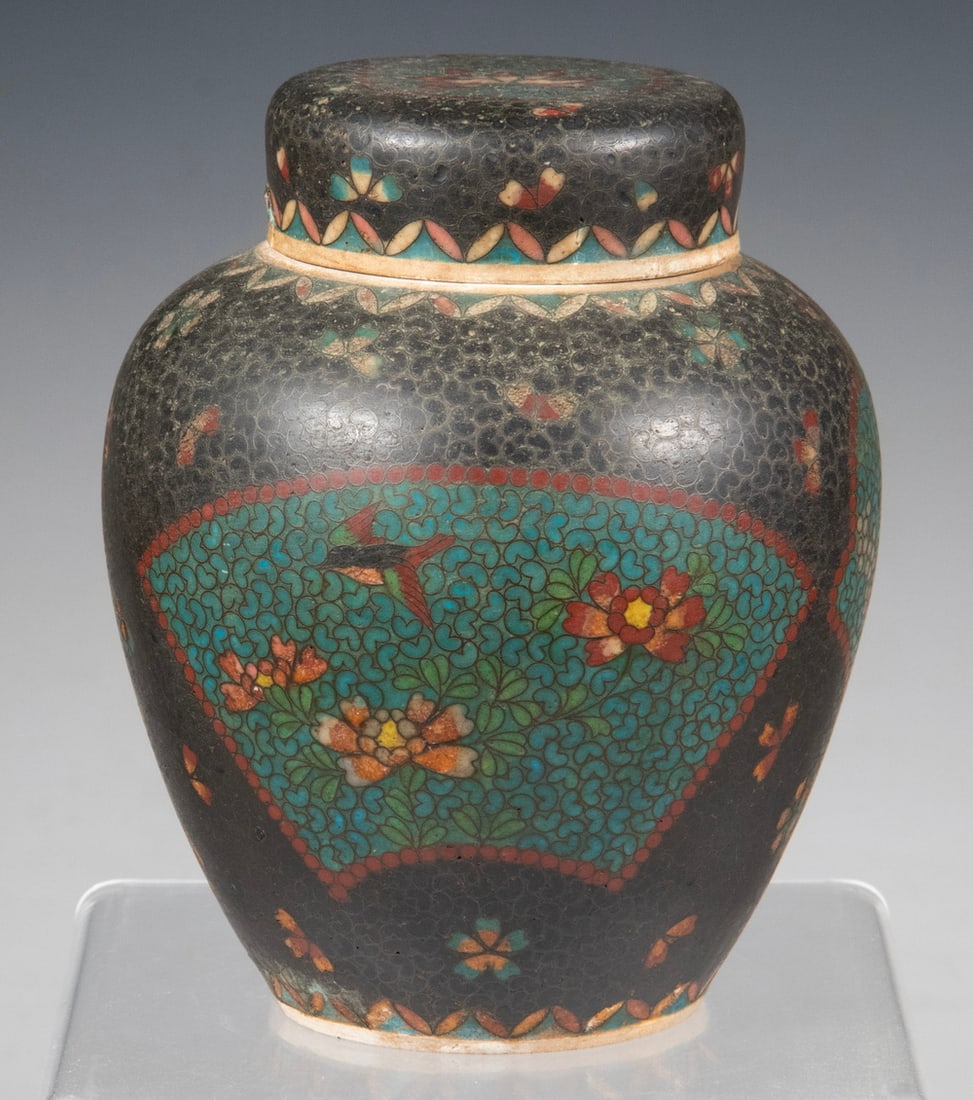 JAPANESE TOTAI SHIPPO CLOISONNE-DECORATED POTTERY SPICE JAR, MEIJI PERIOD (1 of 3)