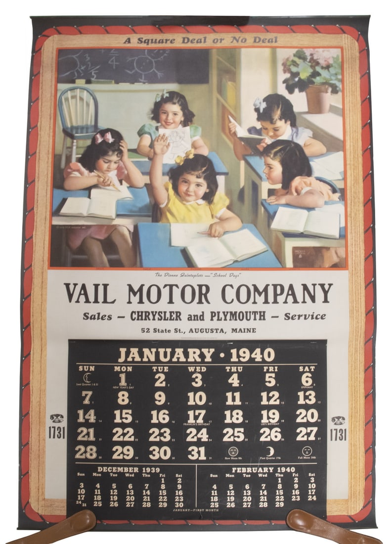 LARGE 1940 CALENDAR FEATURING THE DIONNE QUINTUPLETS: Rare Dionne Quintuplets featured chromolitho by noted advertising artist Andrew Loomis (1892-1959), the Quints' official artist, as displayed on a large wall calendar, rolled, for Vail Motor Company,