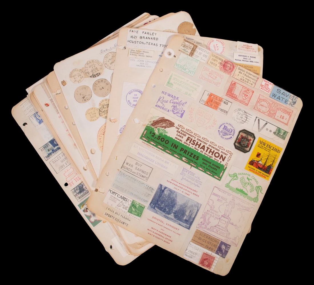 LARGE COLLECTION US & INT'L POSTAL CANCELS, POSTMASTER'S AUTOGRAPHS, REVENUES 1930'S-40'S.: Includes (31) pages cancels/franking mostly 1930s, from railroads, highway PO's, military's posts, USN ships, foreign countries, Canada & Provinces, others; PLUS (27) pages old & unusual cancels, many