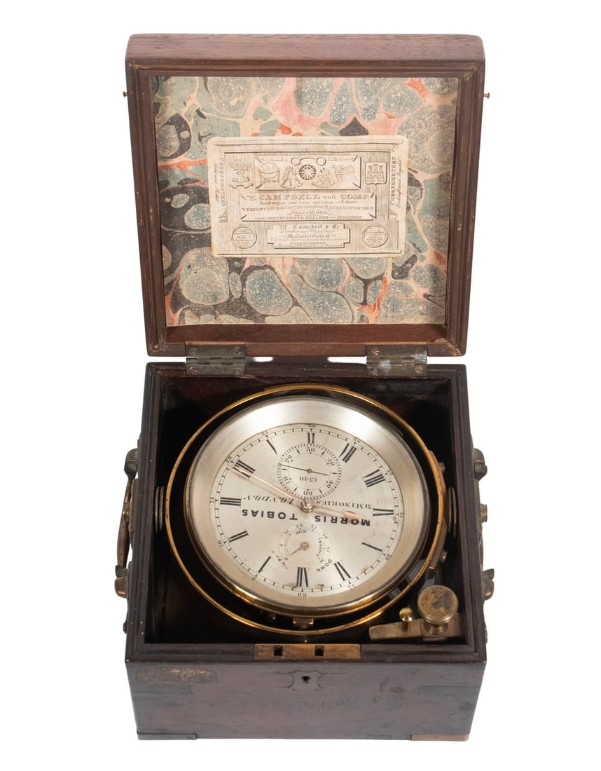 MORRIS TOBIAS, LONDON MARINE CHRONOMETER IN CASE: Early 19th c. English Two-Day Gimbaled Marine Clock, in a brass-bound three-part rosewood and mahogany case, the silvered dial signed Morris Tobias, 31 Minories. London, with black Roman numerals, sub