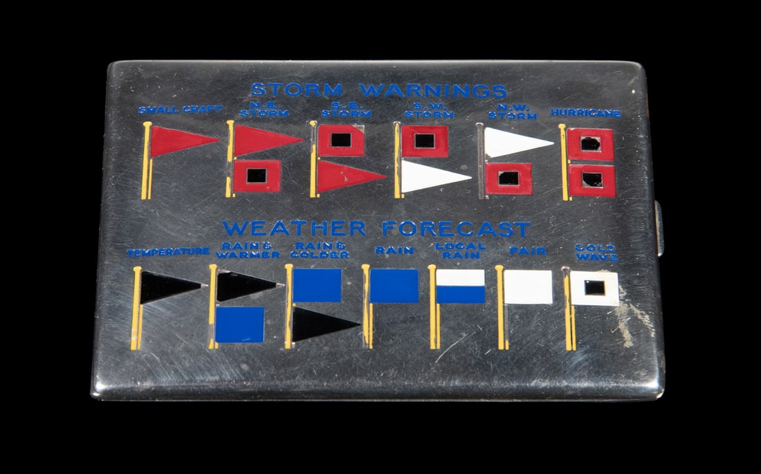 STERLING SILVER NAUTICAL CIGARETTE CASE WITH A.G.A. CORREA MARK: Marked by Thomae Company, sterling silver with parcel-gilt interior, the hinged cover decorated with polychrome enameled maritime signal flags indicating Storm Warnings and Weather Forecast. The rever