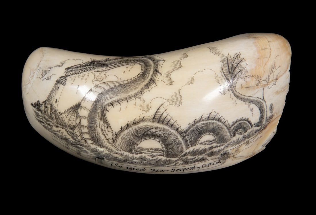 LARGE SCRIMSHAWN WHALES TOOTH OF SEA SERPENT (1 of 4)