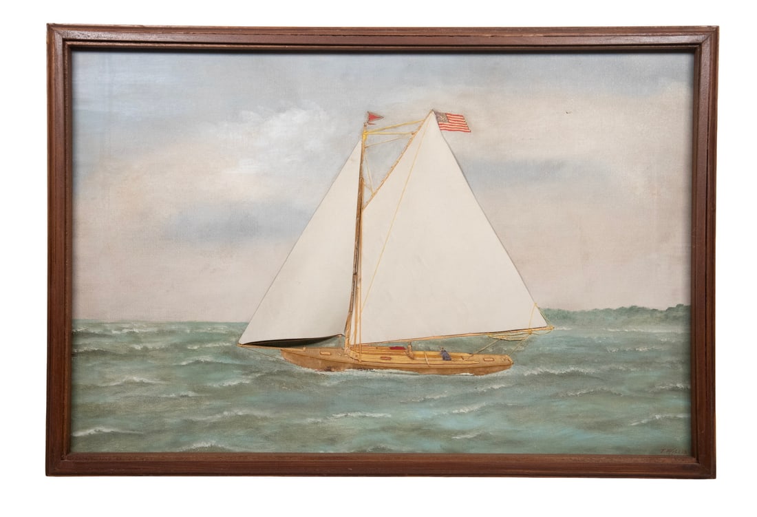 THOMAS WILLIS (NY/DENMARK, 1850-1925): American Yacht Underway, mixed media, oil on canvas with silkwork hull and rigging, cardstock sails, signed lower left an dated 1910, in red walnut molded frame. OS: 16 1/2 x 24 1/2 in. (41.9 x 62.2 c