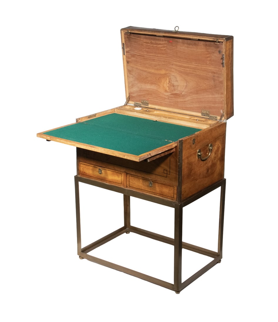 RARE 19TH C. CAMPHORWOOD SEA CAPTAIN'S DESK ON STAND: Rare Brass Mounted Traveling Desk, in ebony inlaid camphorwood, with side locks, with key, and brass side handles, the lid with hinged document storage compartment; the interior fitted with inkwell,