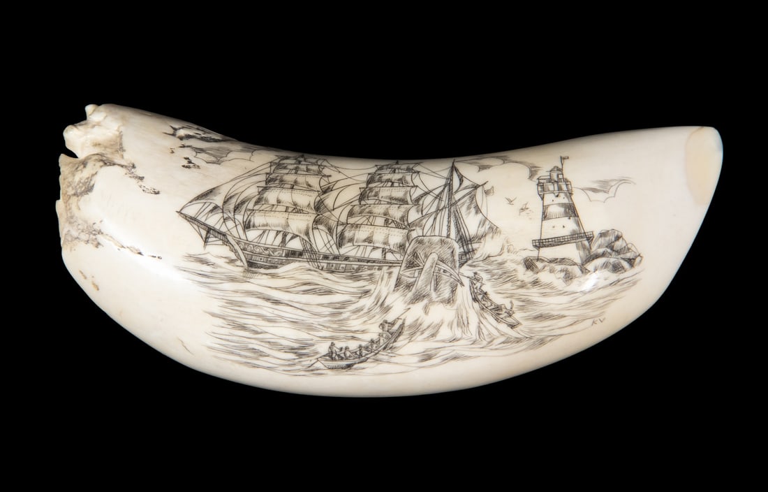 SMALL SCRIMSHAWN WHALE'S TOOTH WHALING SHIP & LIGHTHOUSE: Brig under full sail, rising whale breaking a long boat, Nantucket Light to right, initialed 'KV', horizontal, no stand. 6.5 oz.Size: 4 1/2 in. (11.4 cm.)