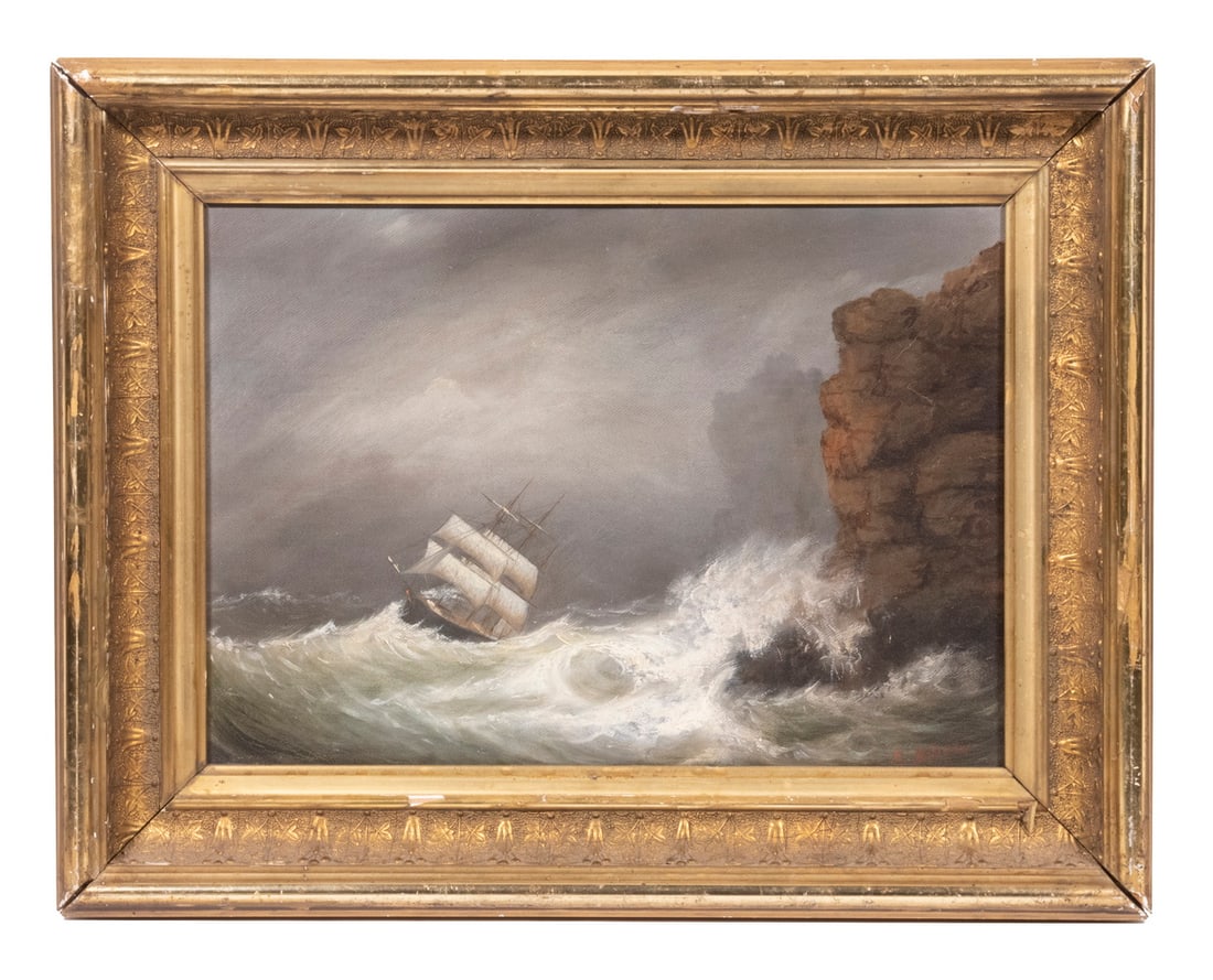 CLEMENT DREW (MA, 1806-1889): Lee Shore Off Mount Desert, oil on canvas, signed lower right, signed and titled verso and dated 1886, in the original gold gesso cove frame. Repaired puncture lower center edge, frame loss.OS: 14 x