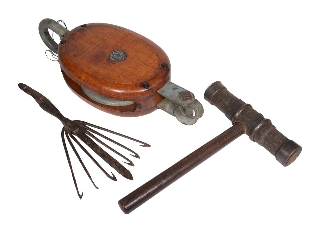 (3) VINTAGE MARITIME TOOLS: Including a large Wood and Steel Block & Tackle, single pulley and hook by Western Lock Co. of Lockport, NY, (1880-1998), 20" x 9" x 4 1/2"; PLUS 19th c Ship Builders Iron Bound Oak Caulking Mallet,