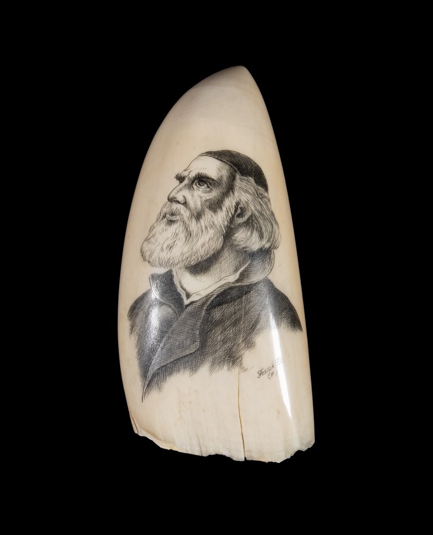 FRANK BARCELOS SCRIMSHAWN WHALE'S TOOTH PORTRAIT: Bust Portrait of a Ship's Captain Studying the Sky, signed, circa 1980. Weight 13.0 oz.Frank Barcelos was born in the Azores islands (Portugal) before moving to New Bedford, Mass.Size: 5 1/4 in.
