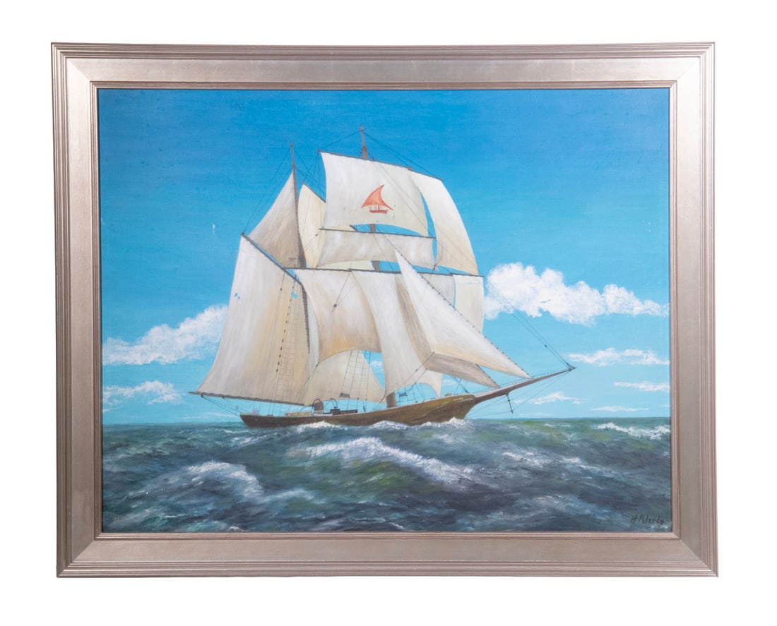 H. PALARDY (?) SHIP PAINTING: Brigantine "Yankee" underway, oil on canvas, signed lower right, in silver molded panel frame.Per Wiki: "The brigantine Yankee was a steel hulled schooner, originally constructed by Nordseewerke,