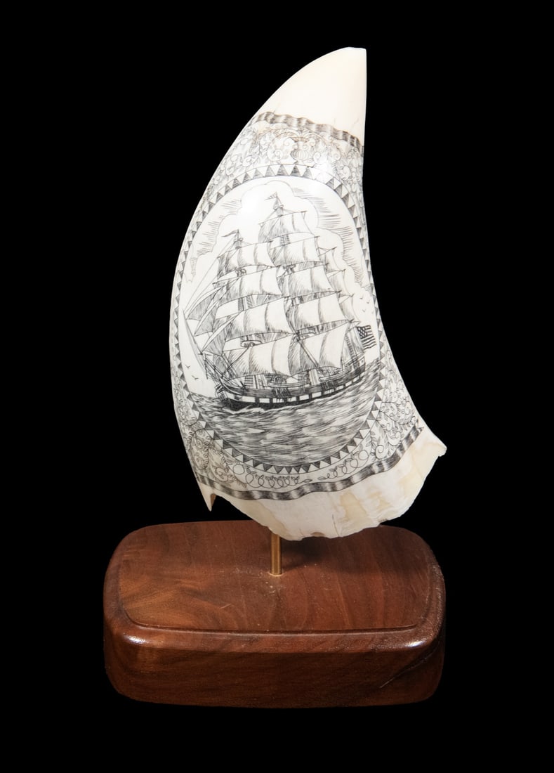 SCRIMSHAWN WHALE'S TOOTH OF WHALING SHIP UNDERWAY: 3/4 Bow View under full sail, set in oval with blossom and vine trim, vertical. 10 oz. Includes stand.Size: 4 1/2 in. (11.4 cm.)