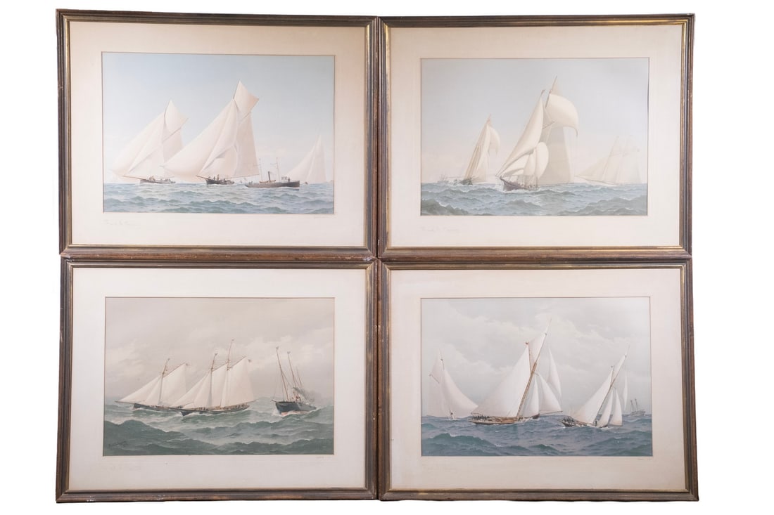 FREDERIC SCHILLER COZZENS (NY, 1896-1928): American Schooners and Racing Yachts, chromolithographs, signed on mats, in similar mahogany and gold molded frames.OS: 21 1/2 x 28 in. (54.6 x 71.1 cm.), SS: 14 x 20 in. (35.6 x 50.8 cm.)