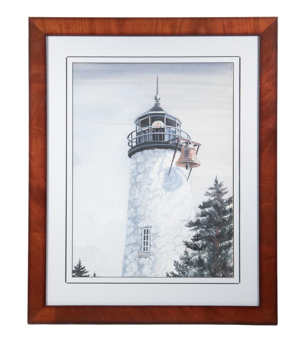 ELISE H FAROS WATERCOLOR OF LIGHTHOUSE: White Stone Lighthouse with Bracket Fog Bell, watercolor, illegibly signed lower right (Elise H Faros?), in mahogany panel frame, matted under non-glare glass.OS: 27 x 22 in. (68.6 x 55.9 cm.), SS: