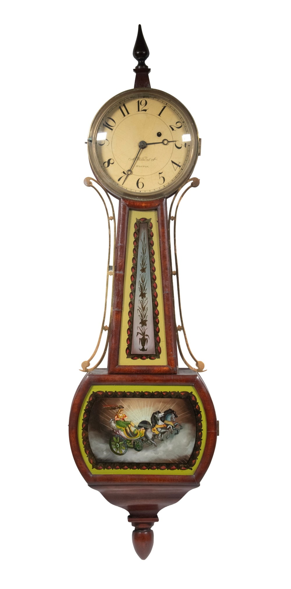 AARON WILLARD, JR. BOSTON BANJO CLOCK, CA. 1820: Early 19th c Mahogany Cased Wall Clock, with 8-day time-only movement, by Boston clockmaker Aaron Willard, Jr. (1783-1864). With teardrop shape top finial, brass bezel and convex glass, the painted me