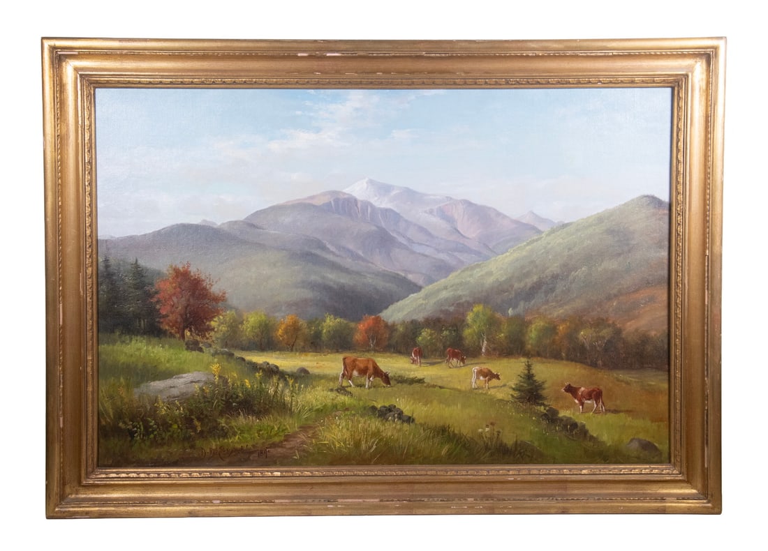DELBERT DANA COOMBS (ME, 1850-1938): Mountain Scene with Cows, oil on canvas, signed lower left and dated 1890, in gold molded cove frame.Label verso from the 1992 exhibition "The White Mountain School of Painting" at the Mount Washingto