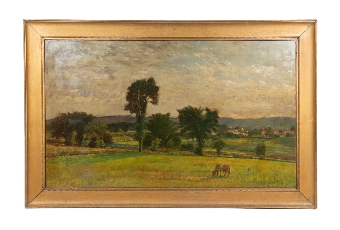 GEORGE INNESS (NY/MA/SCOTLAND, 1825-1894): View of Valley Village from Rolling Pasture, oil on mitered mahogany panel, signed lower right, in gold painted shallow cove frame. OS: 22 1/2 x 34 1/2 in. (57.2 x 87.6 cm.), SS: 17 1/2 x 29 1/2 in. (