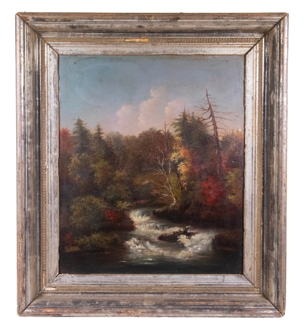SAMUEL LANCASTER GERRY (MA, 1813-1891): White Mountains Roaring Stream in Autumn, oil on academy board, unsigned, in vintage fatigued silver and lemon gold molded frame. OS: 21 1/2 x 19 in. (54.6 x 48.3 cm.), SS: 16 x 13 1/2 in. (40.6 x 34.