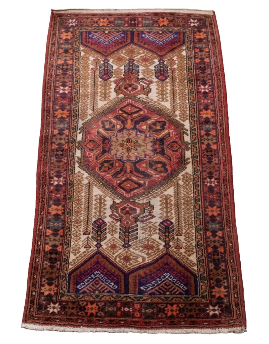 HAMADAN RUG (3'7" X 6'7"): Originating from Norwest Persia, manufactured in the second quarter of the 20th Century. Features a midnight blue hooked hexagonal medallion, flanked by various tree motifs on the tan field with a mid