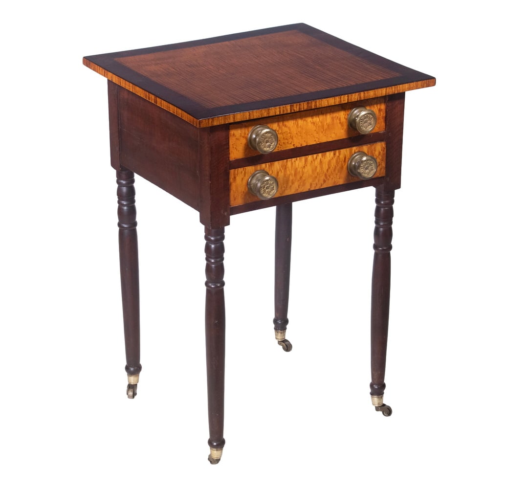 19TH C. AMERICAN MAHOGANY & MAPLE STAND W/ TWO DRAWERS (1 of 3)