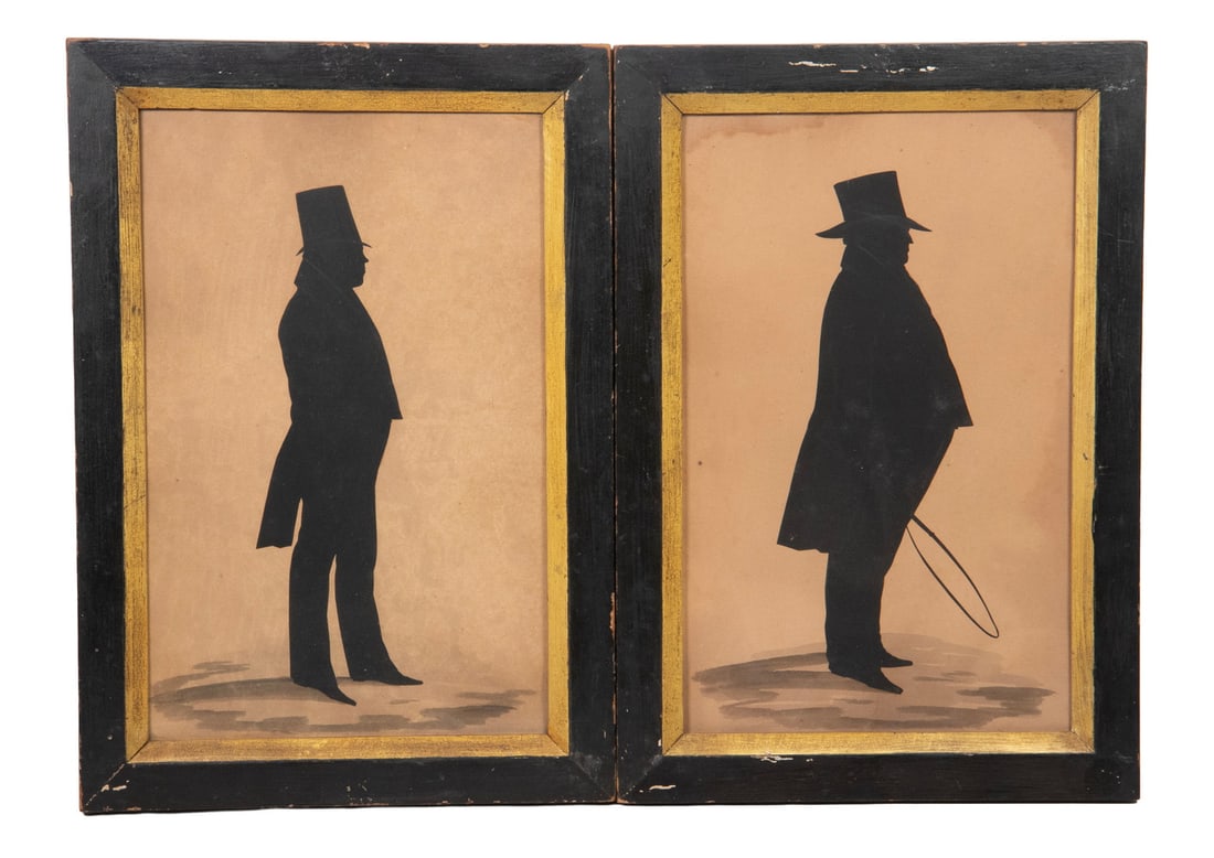 PAIR OF FULL LENGTH SILHOUETTES OF RHODE ISLAND NICHOLS FATHER & SON CA 1825: Identified Gentlemen in Outerwear: identified verso in old ink. The one with broad brimmed hat holding a short whip is "Ephriam Miller (Newton, Mass), born Aug 5th, 1774, Died (?), and "Belonging to E